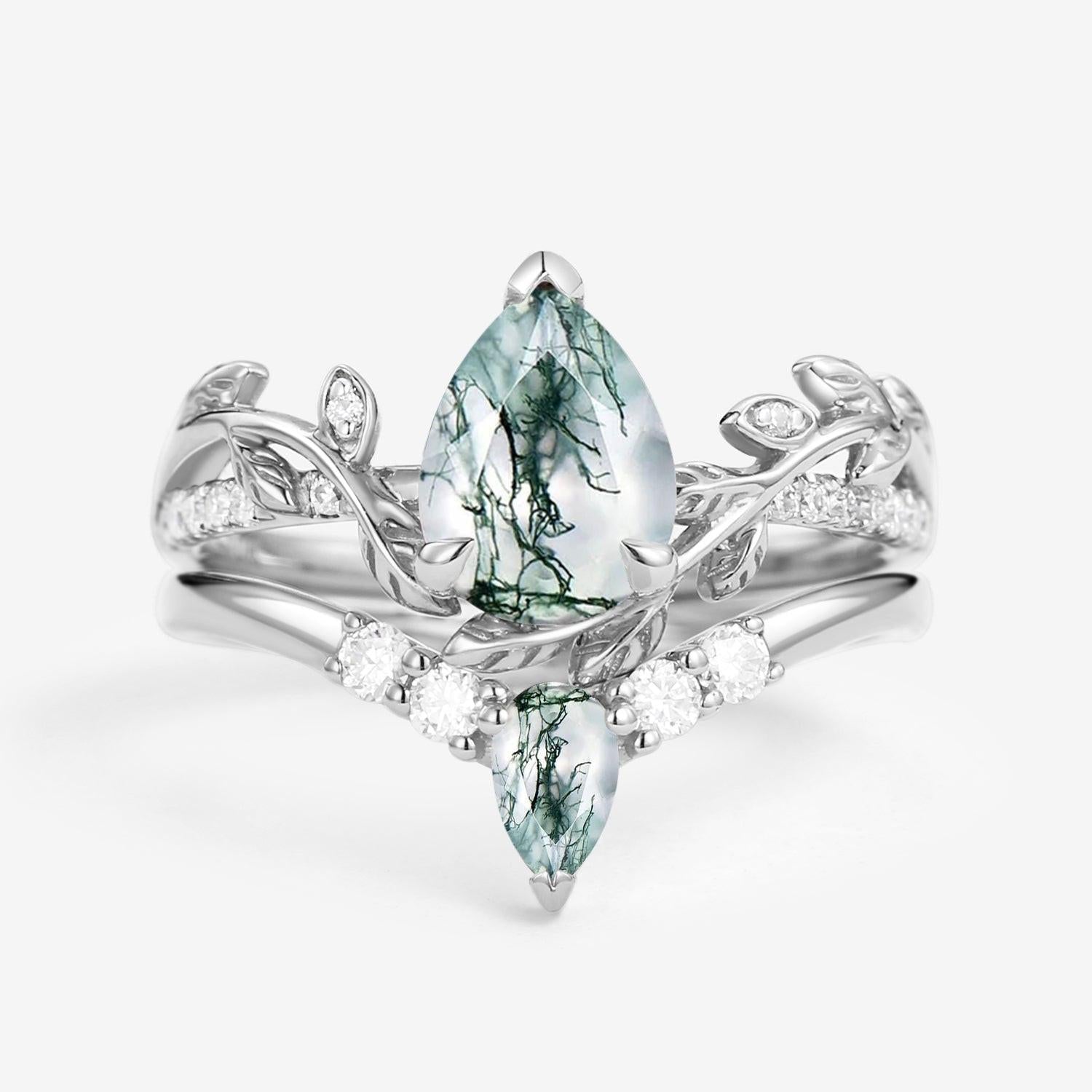 Pear Shaped Moss Agate & Moissanite Leafy Bridal Ring Set 2pcs.