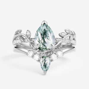 Pear Shaped Moss Agate & Moissanite Leafy Bridal Ring Set 2pcs.