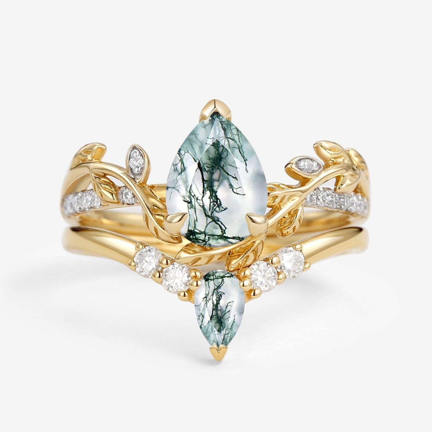 Pear Shaped Moss Agate & Moissanite Leafy Bridal Ring Set 2pcs.