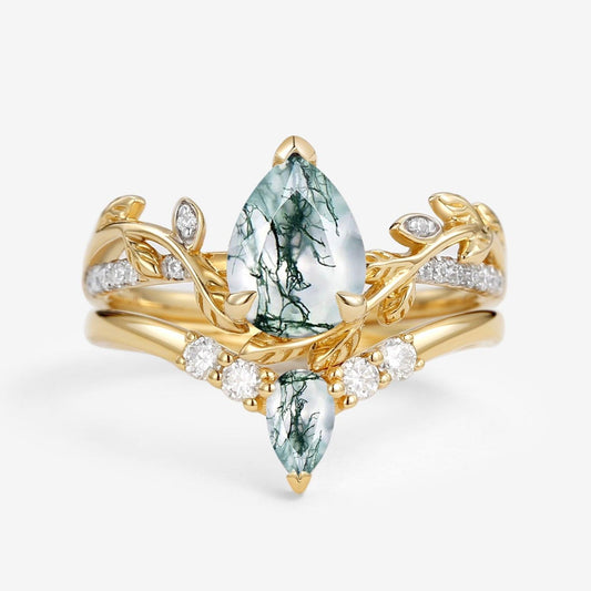 Pear Shaped Moss Agate & Moissanite Leafy Bridal Ring Set 2pcs.