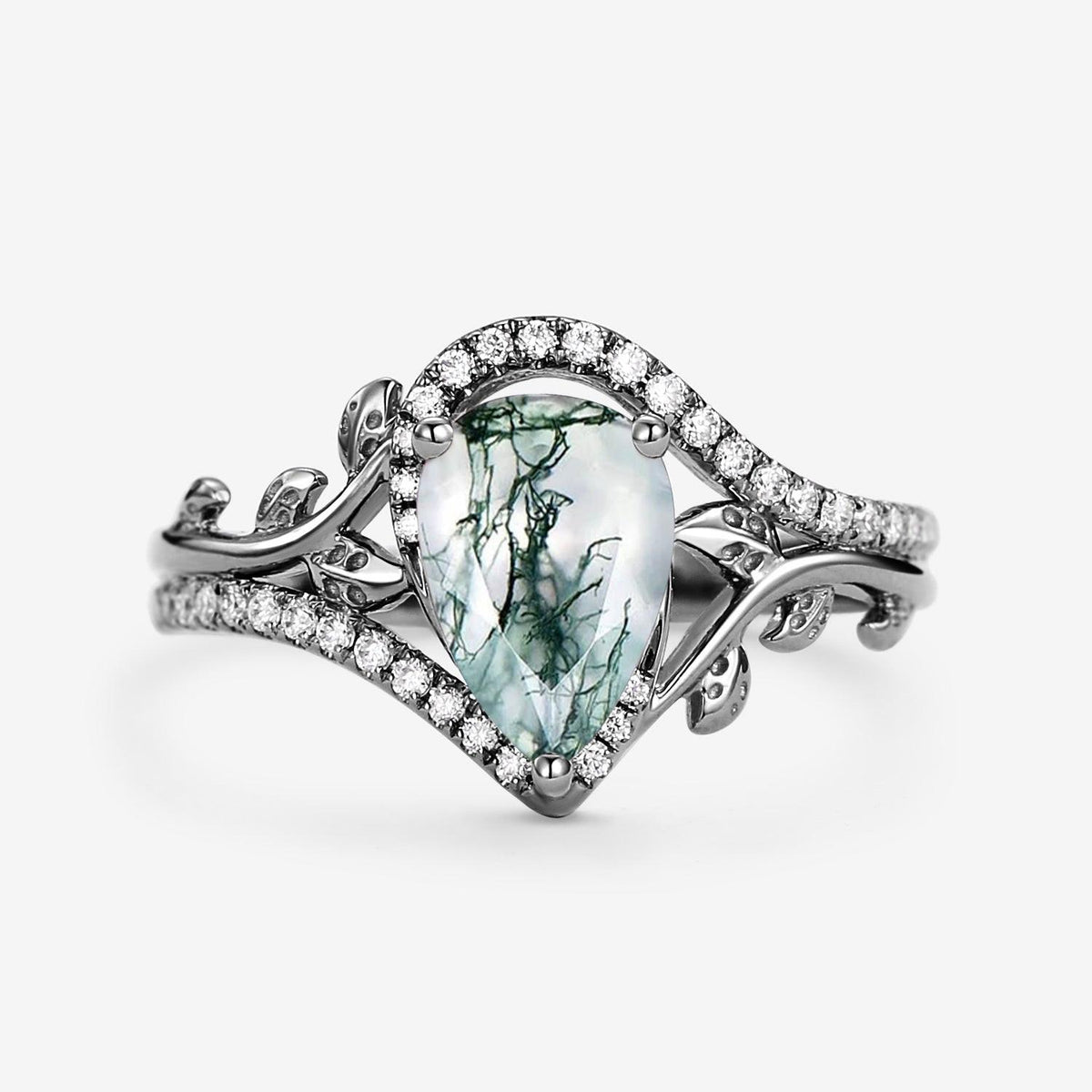 Vintage Pear Cut Moss Agate & Moissanite Leafy Engagement Ring.