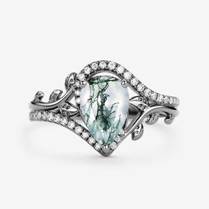 Vintage Pear Cut Moss Agate & Moissanite Leafy Engagement Ring.