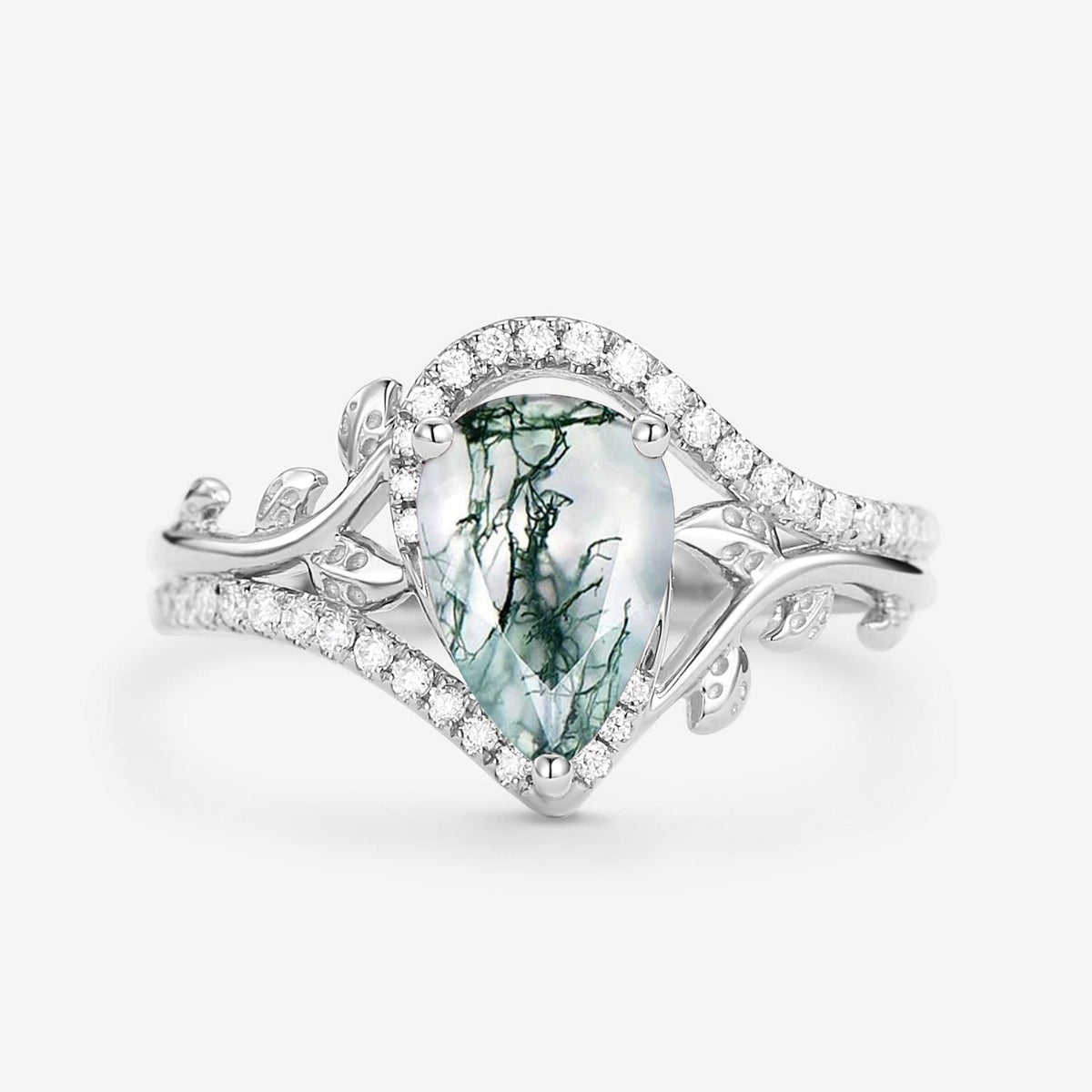 Vintage Pear Cut Moss Agate & Moissanite Leafy Engagement Ring.