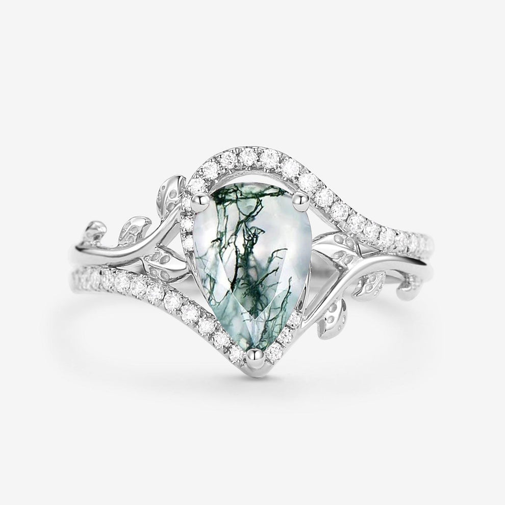 Vintage Pear Cut Moss Agate & Moissanite Leafy Engagement Ring.