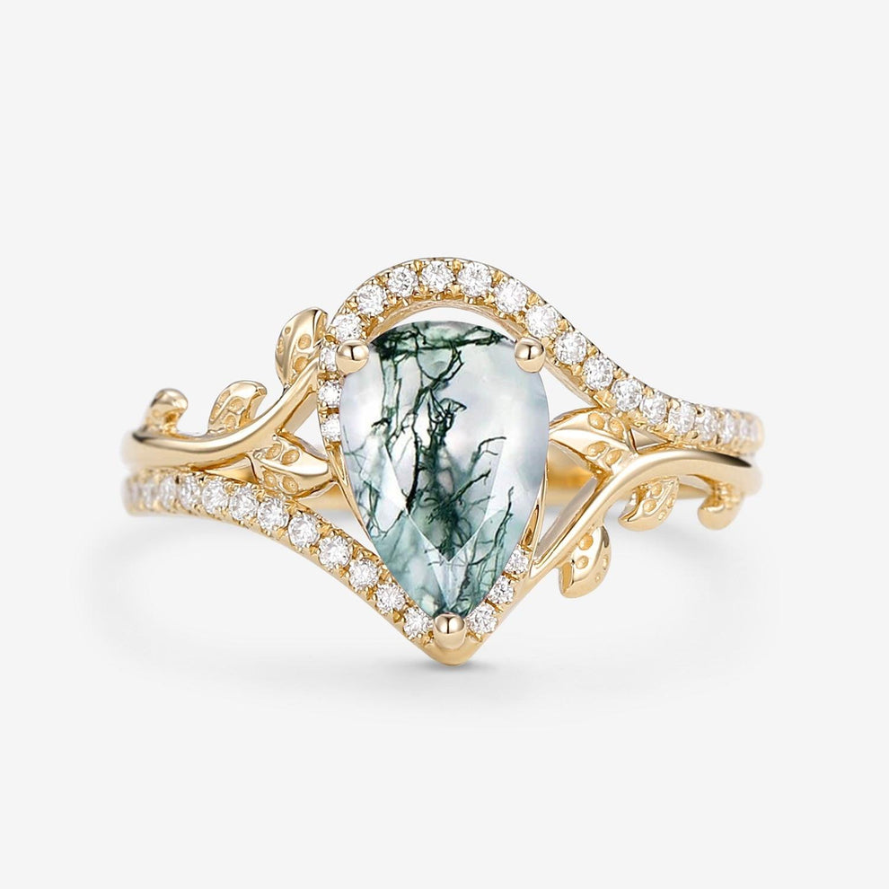 Vintage Pear Cut Moss Agate & Moissanite Leafy Engagement Ring.