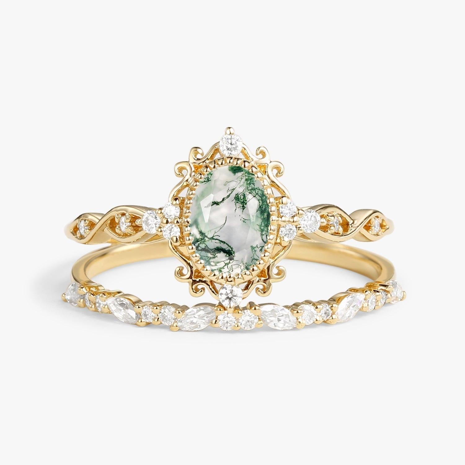 Margaret's Garden – Oval Cut Vintage Moss Agate Bridal Set 2pcs.