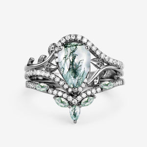 Dalia Vintage Pear Cut Moss Agate & Moissanite Leafy Ring Set 2pcs.