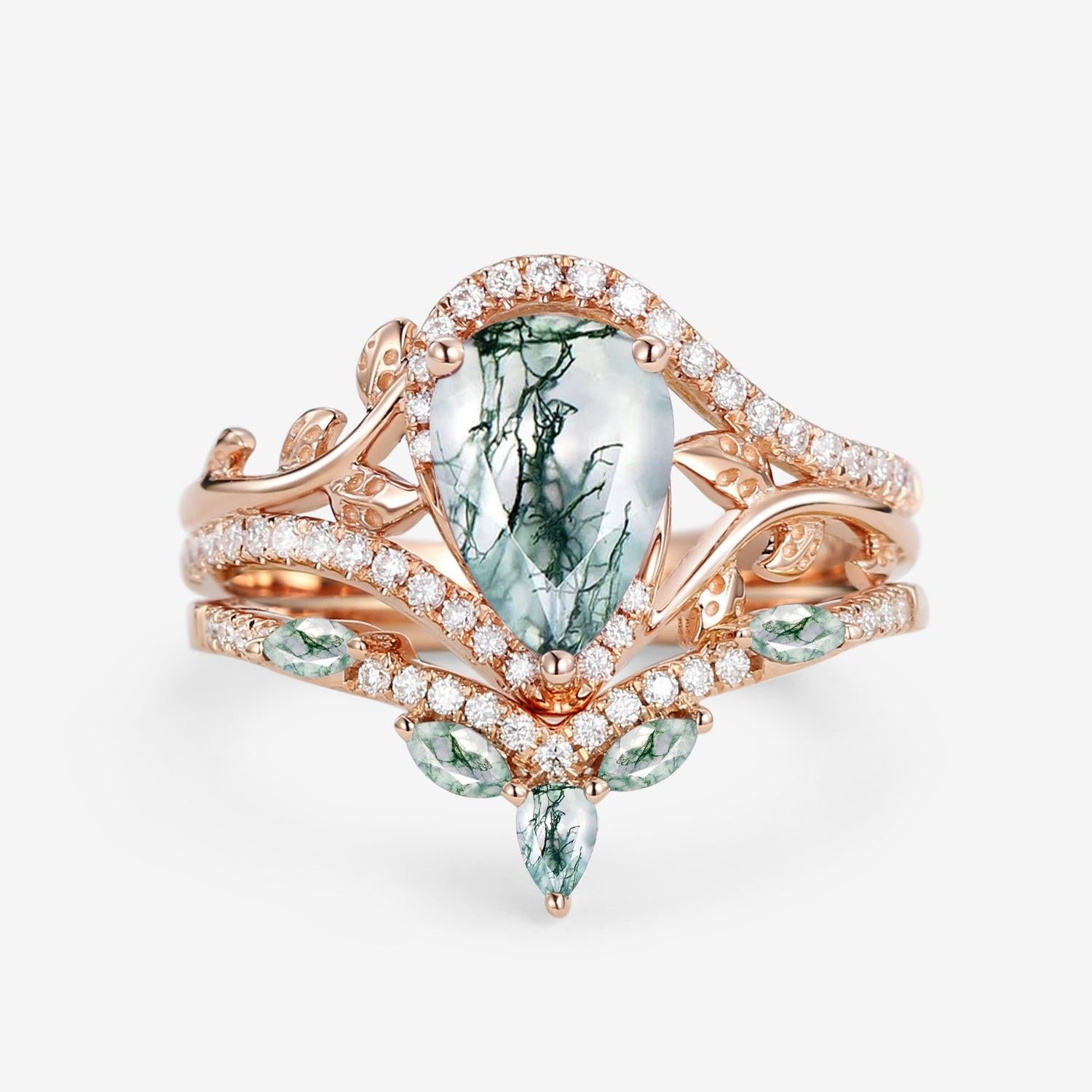 Dalia Vintage Pear Cut Moss Agate & Moissanite Leafy Ring Set 2pcs.