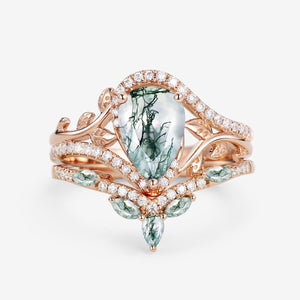 Dalia Vintage Pear Cut Moss Agate & Moissanite Leafy Ring Set 2pcs.