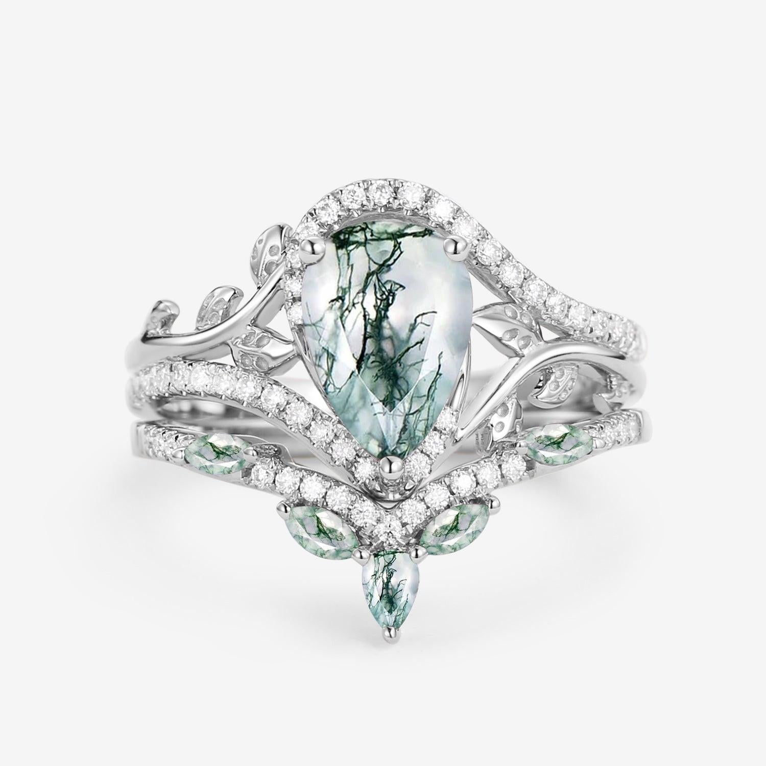Dalia Vintage Pear Cut Moss Agate & Moissanite Leafy Ring Set 2pcs.