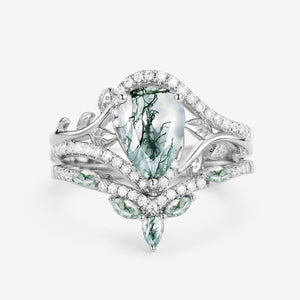 Dalia Vintage Pear Cut Moss Agate & Moissanite Leafy Ring Set 2pcs.