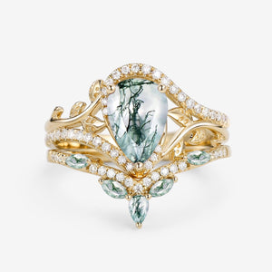 Dalia Vintage Pear Cut Moss Agate & Moissanite Leafy Ring Set 2pcs.