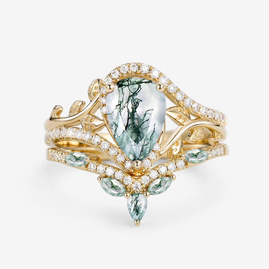 Dalia Vintage Pear Cut Moss Agate & Moissanite Leafy Ring Set 2pcs.