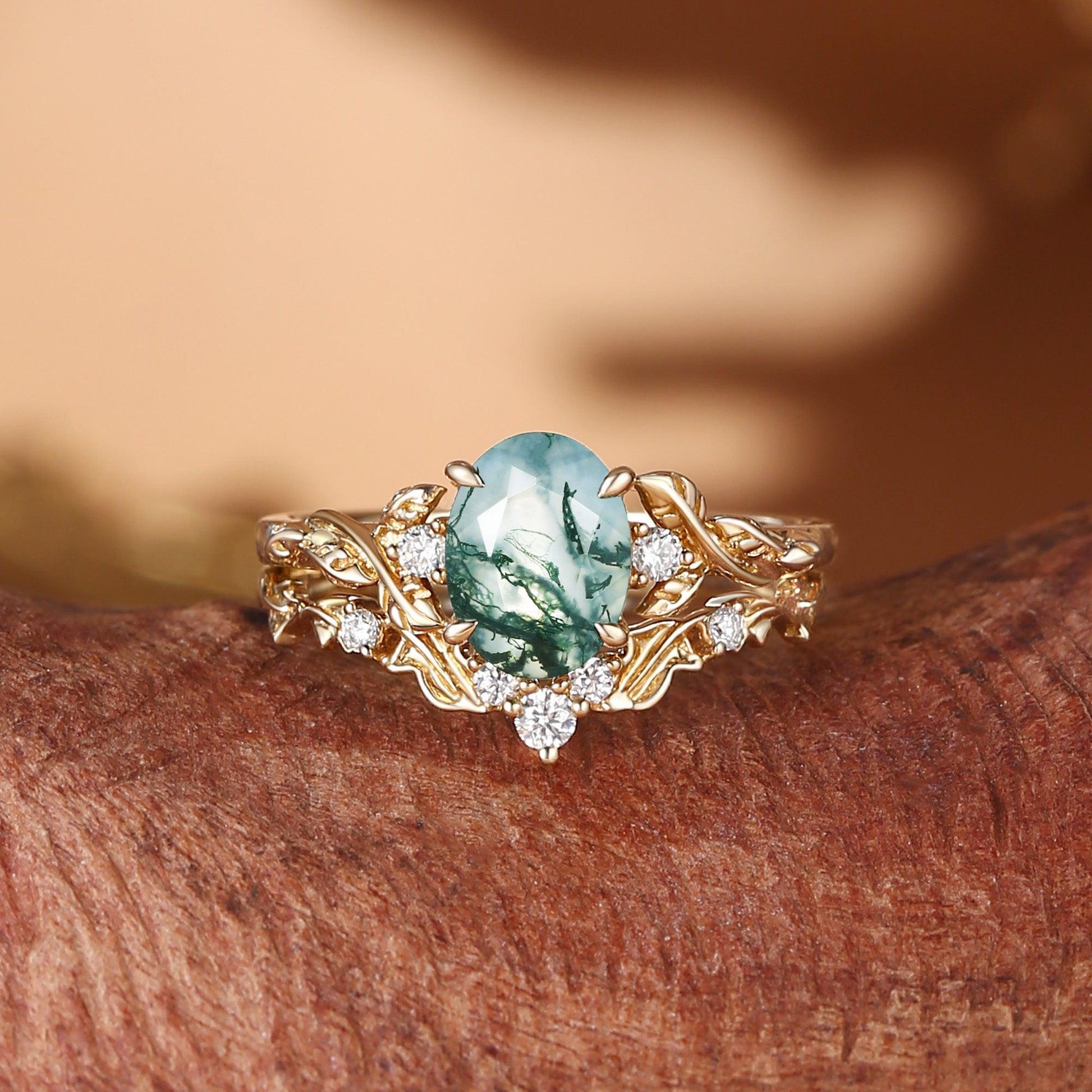 Rosalind’s Arbor | Oval Cut Moss Agate Leaf Branch Bridal Set 2pcs.