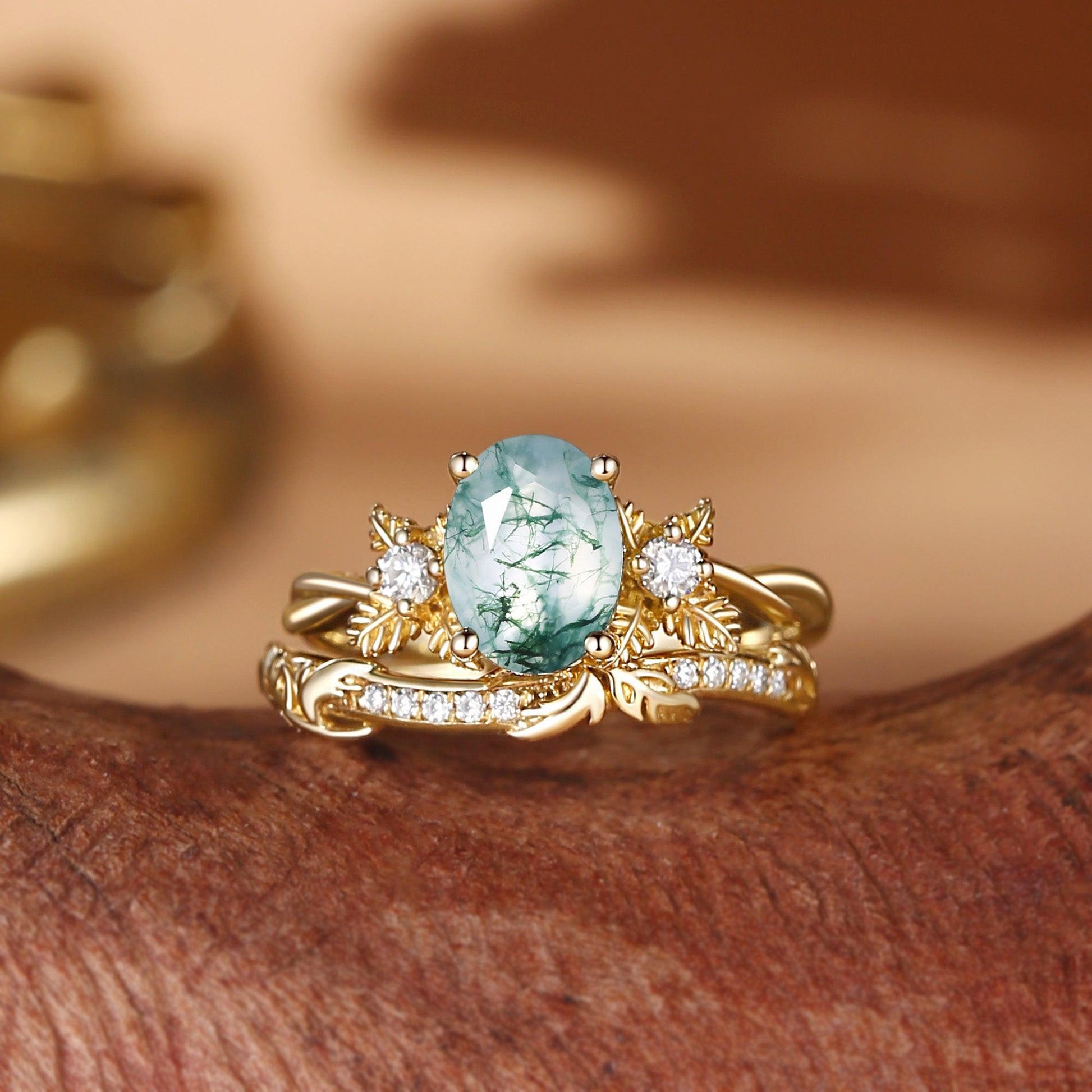 Flora Oval Cut Moss Agate Leafy Flower Engagement Ring Set 2pcs.