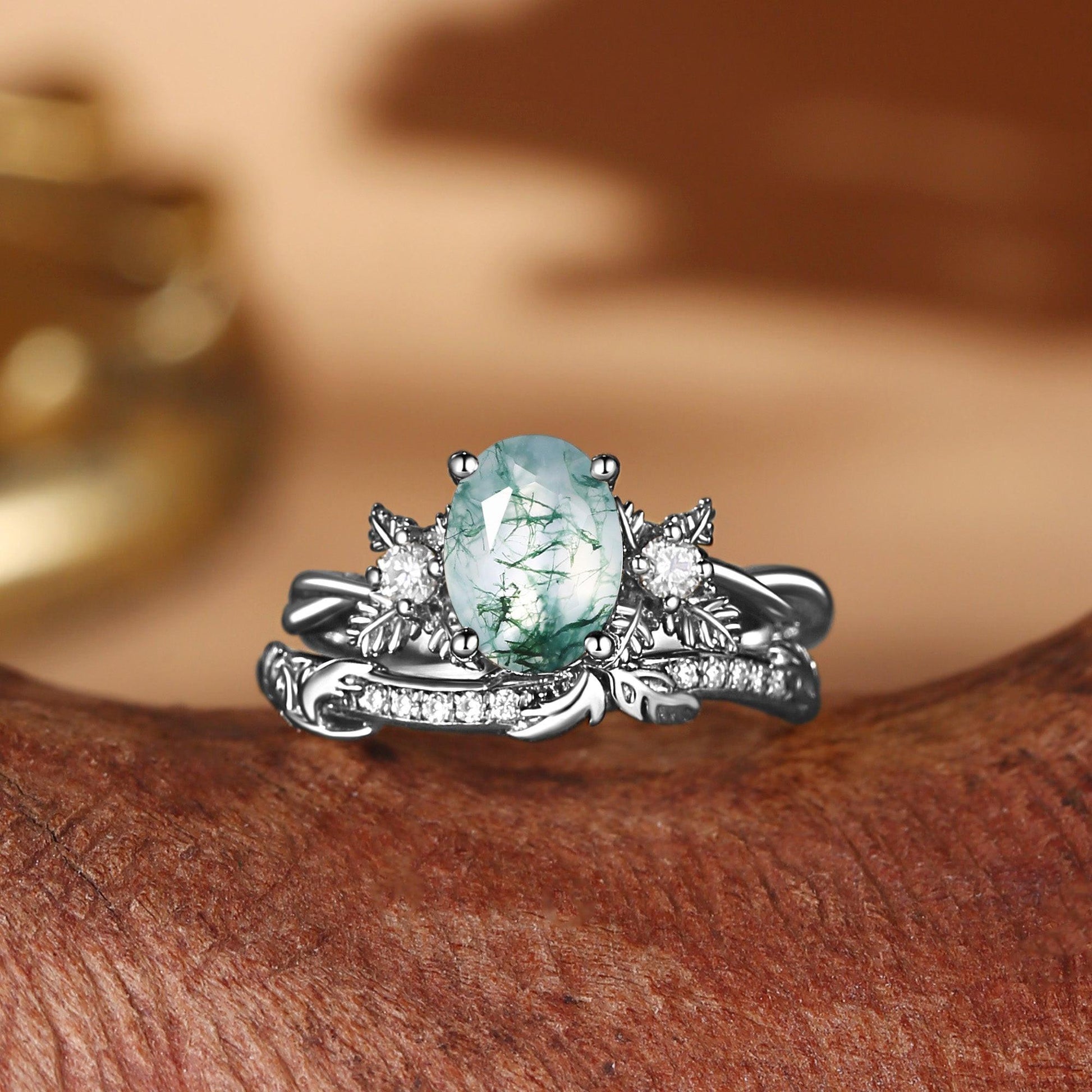 Flora Oval Cut Moss Agate Leafy Flower Engagement Ring Set 2pcs.