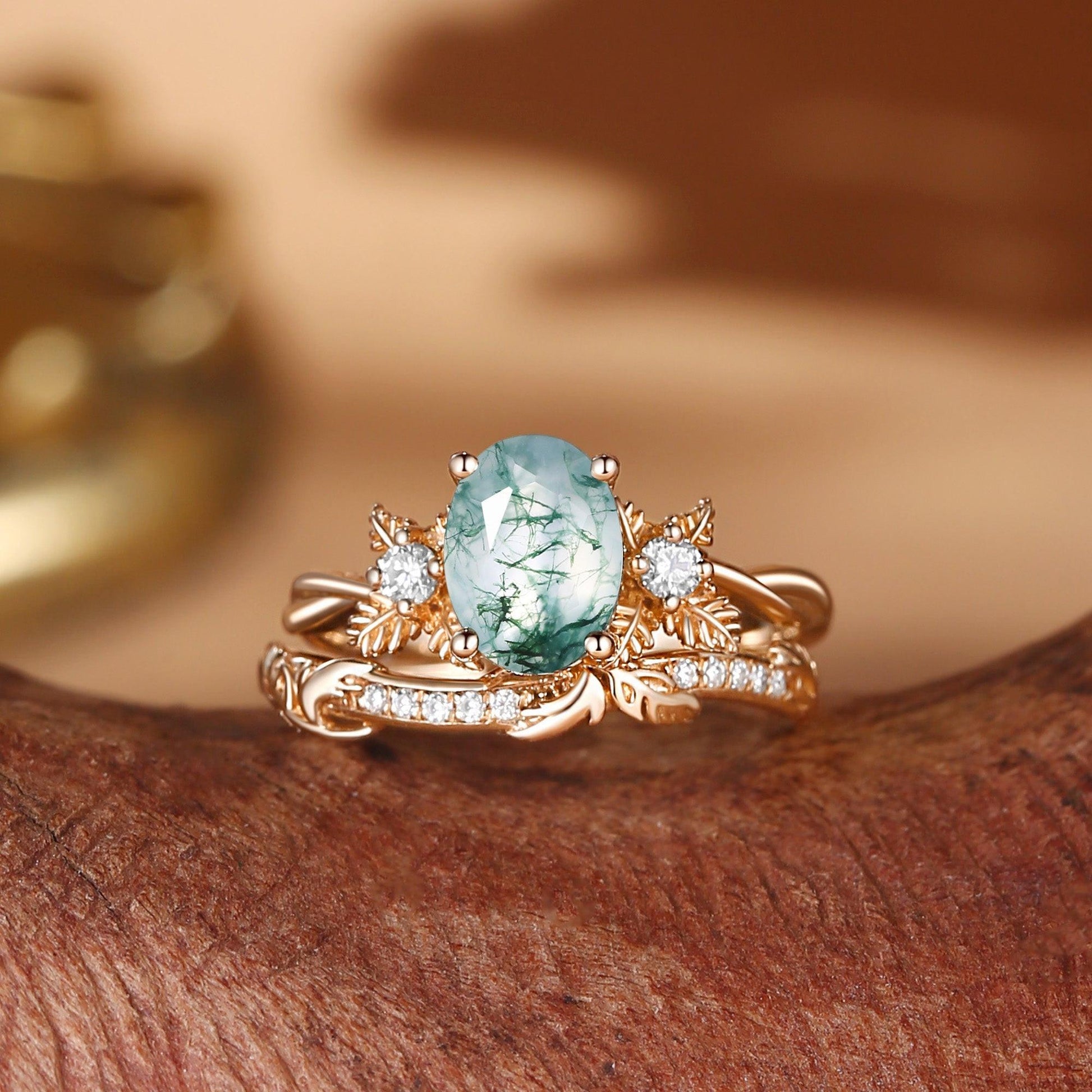 Flora Oval Cut Moss Agate Leafy Flower Engagement Ring Set 2pcs.