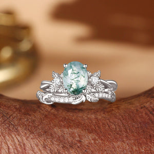 Flora Oval Cut Moss Agate Leafy Flower Engagement Ring Set 2pcs.