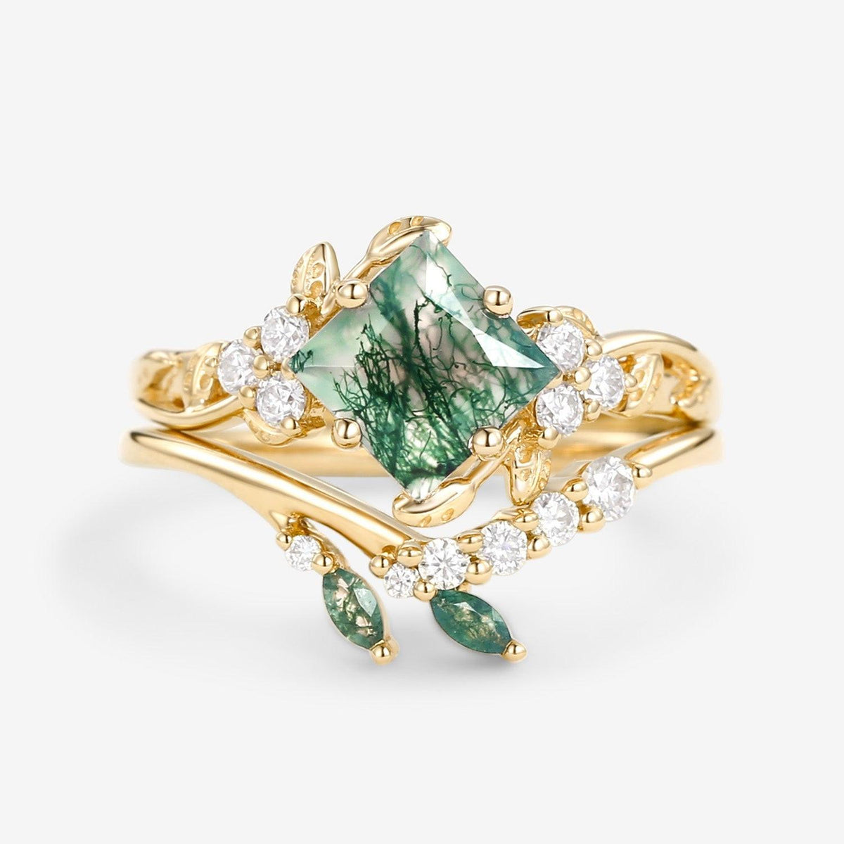 Nature Inspired Green Leafy Princess Cut Moss Agate Engagement Ring Set 2PCS.