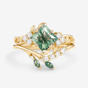 Nature Inspired Green Leafy Princess Cut Moss Agate Engagement Ring Set 2PCS.