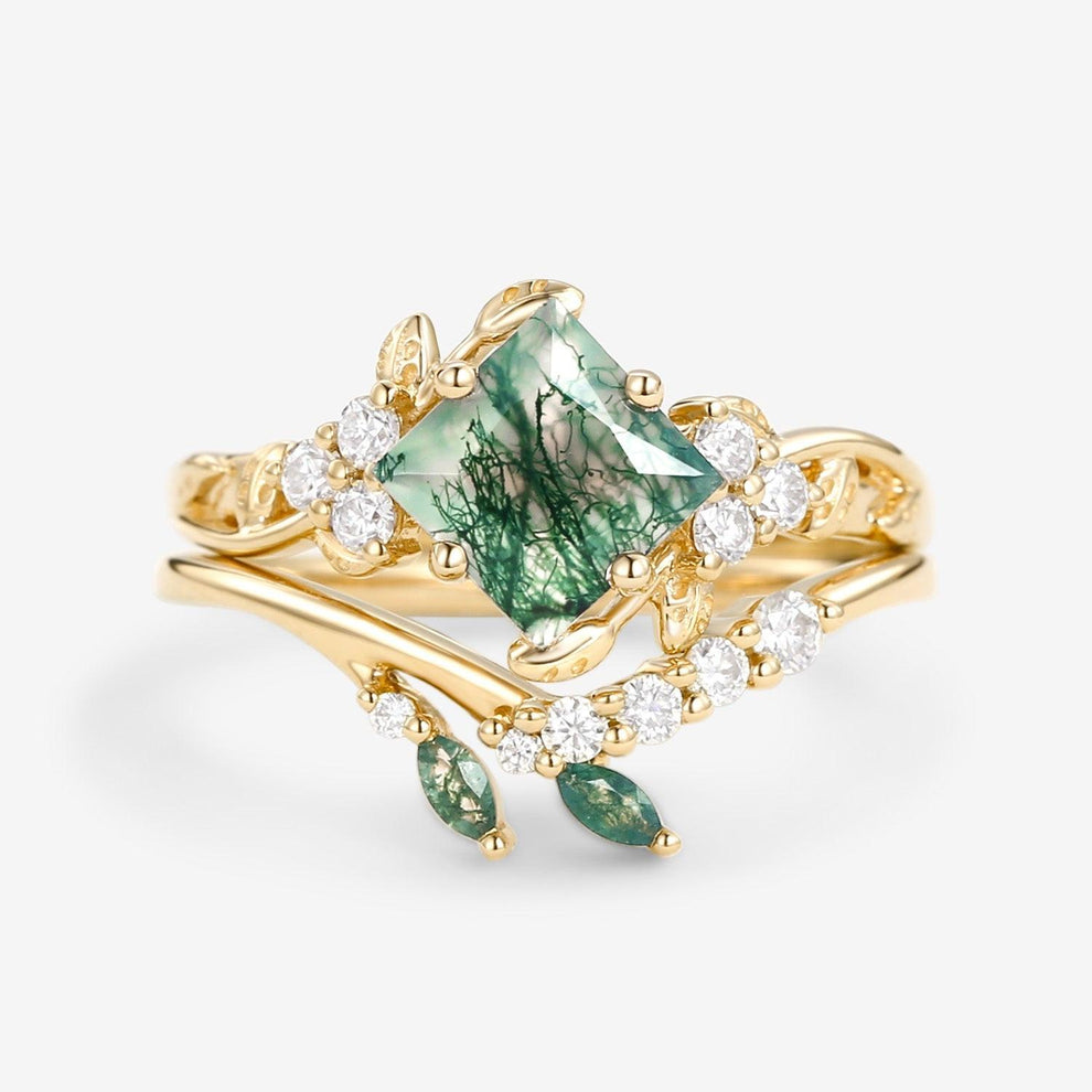 Nature Inspired Green Leafy Princess Cut Moss Agate Engagement Ring Set 2PCS.