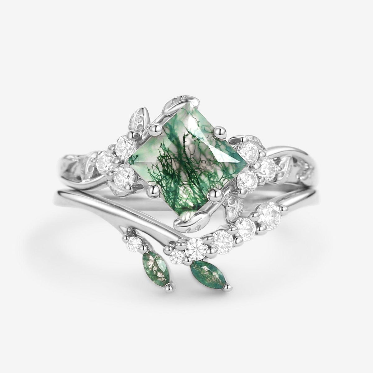 Nature Inspired Green Leafy Princess Cut Moss Agate Engagement Ring Set 2PCS.