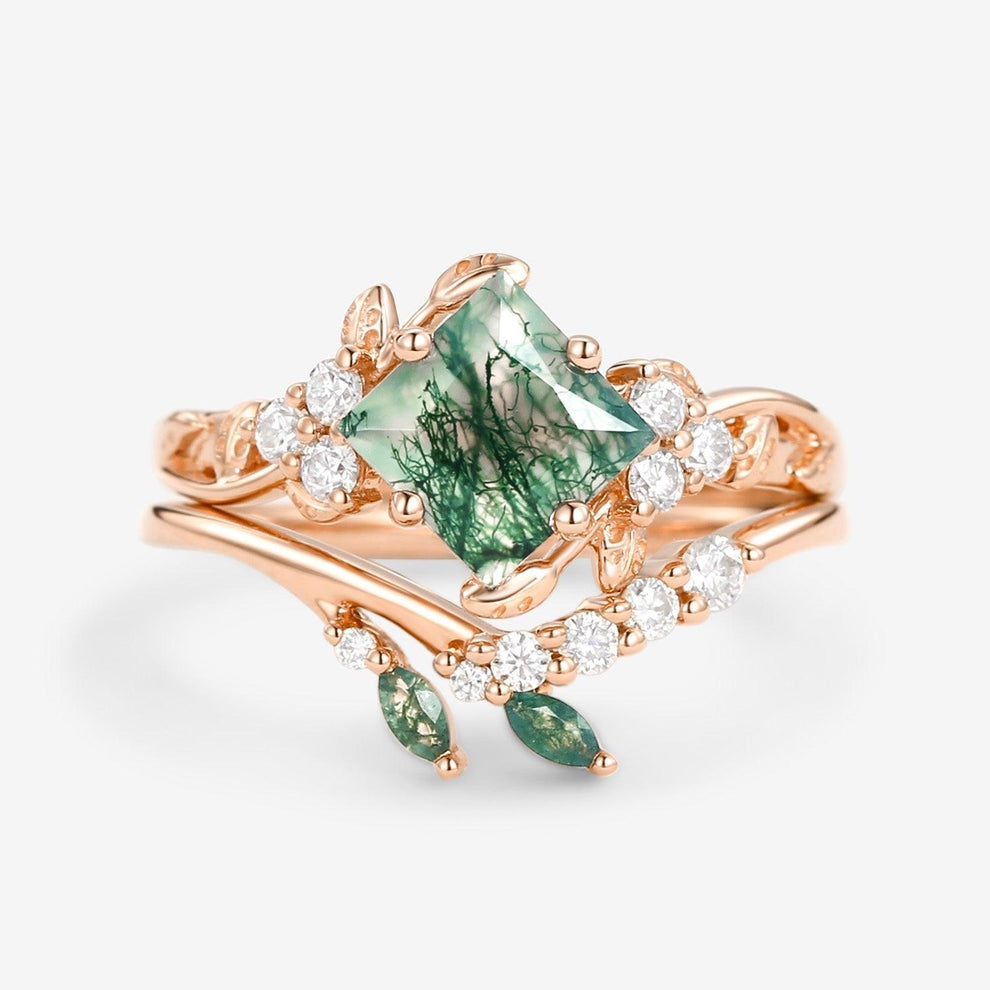 Nature Inspired Green Leafy Princess Cut Moss Agate Engagement Ring Set 2PCS.