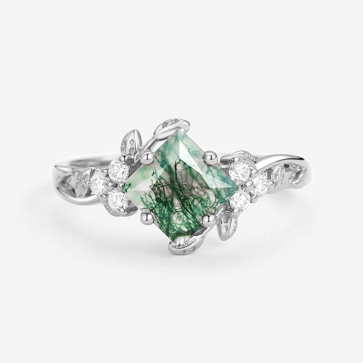 Black Gold Green Leafy Princess Cut Moss Agate Engagement Ring.