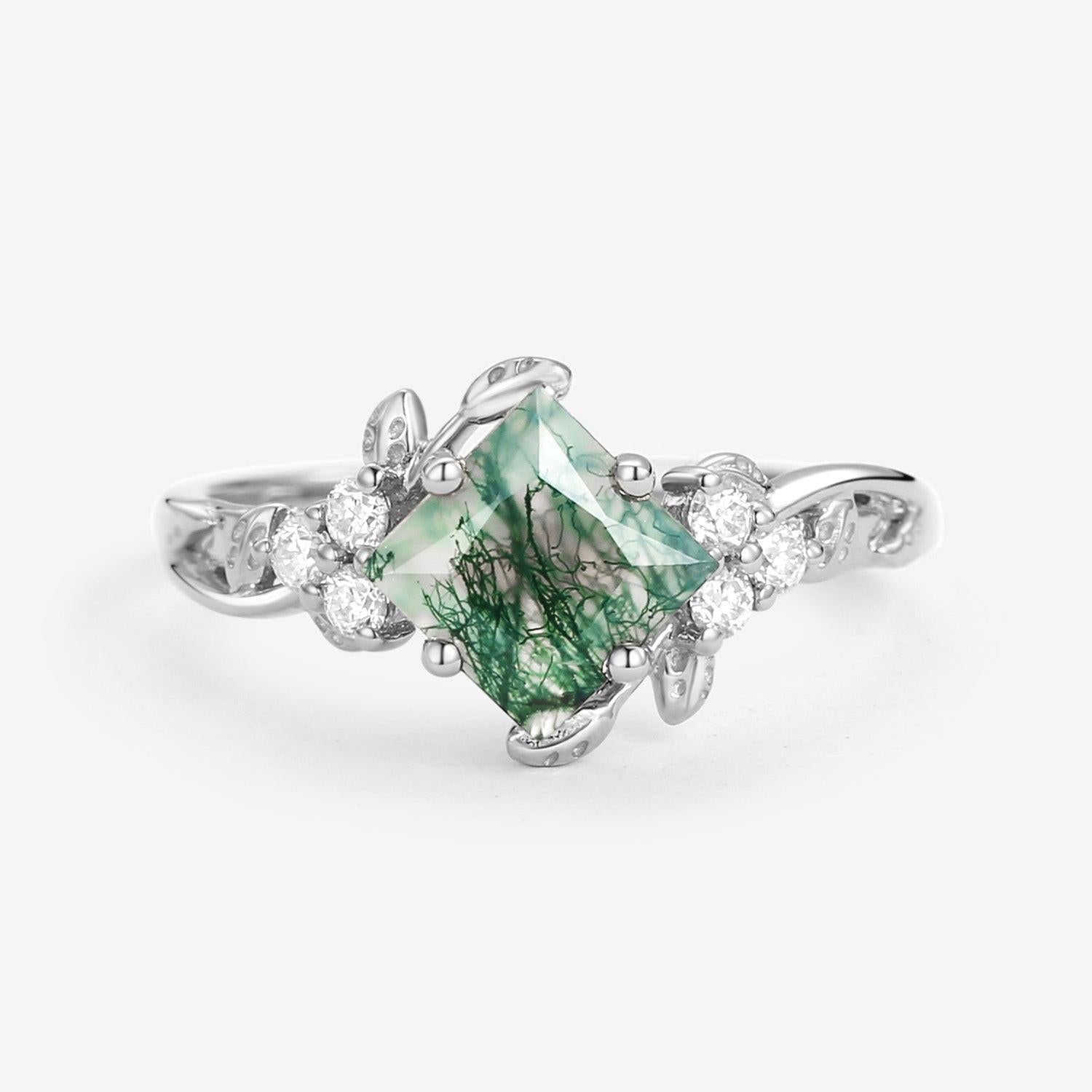 Black Gold Green Leafy Princess Cut Moss Agate Engagement Ring.