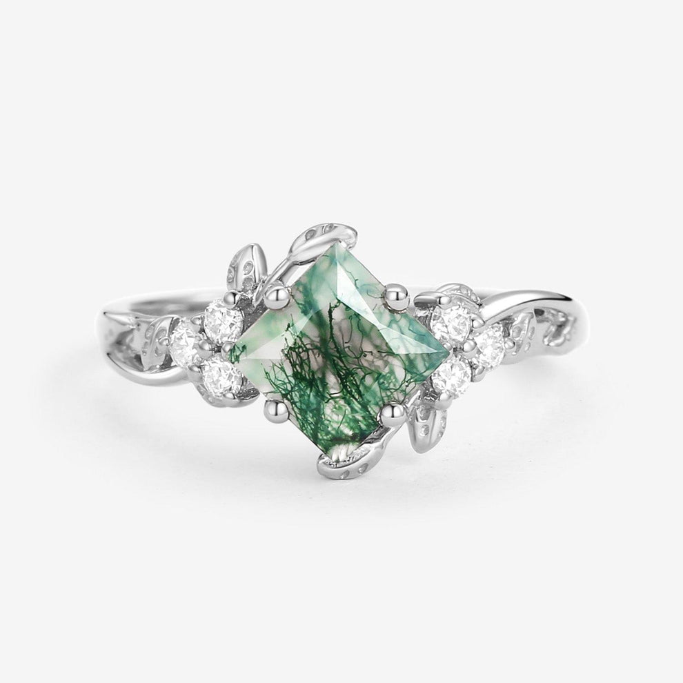 Black Gold Green Leafy Princess Cut Moss Agate Engagement Ring.