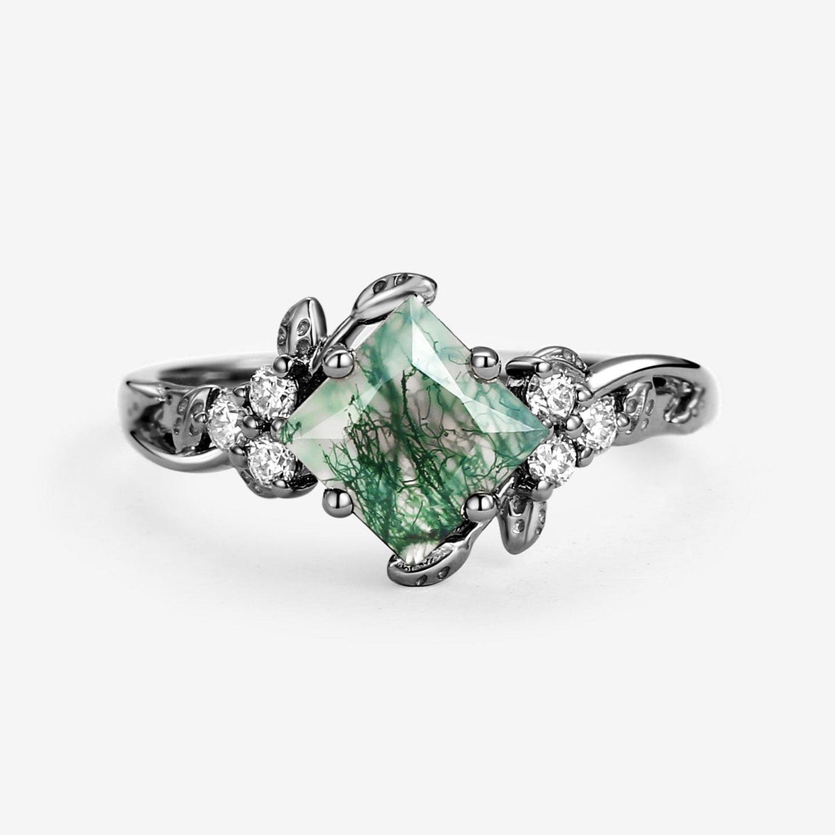 Black Gold Green Leafy Princess Cut Moss Agate Engagement Ring.