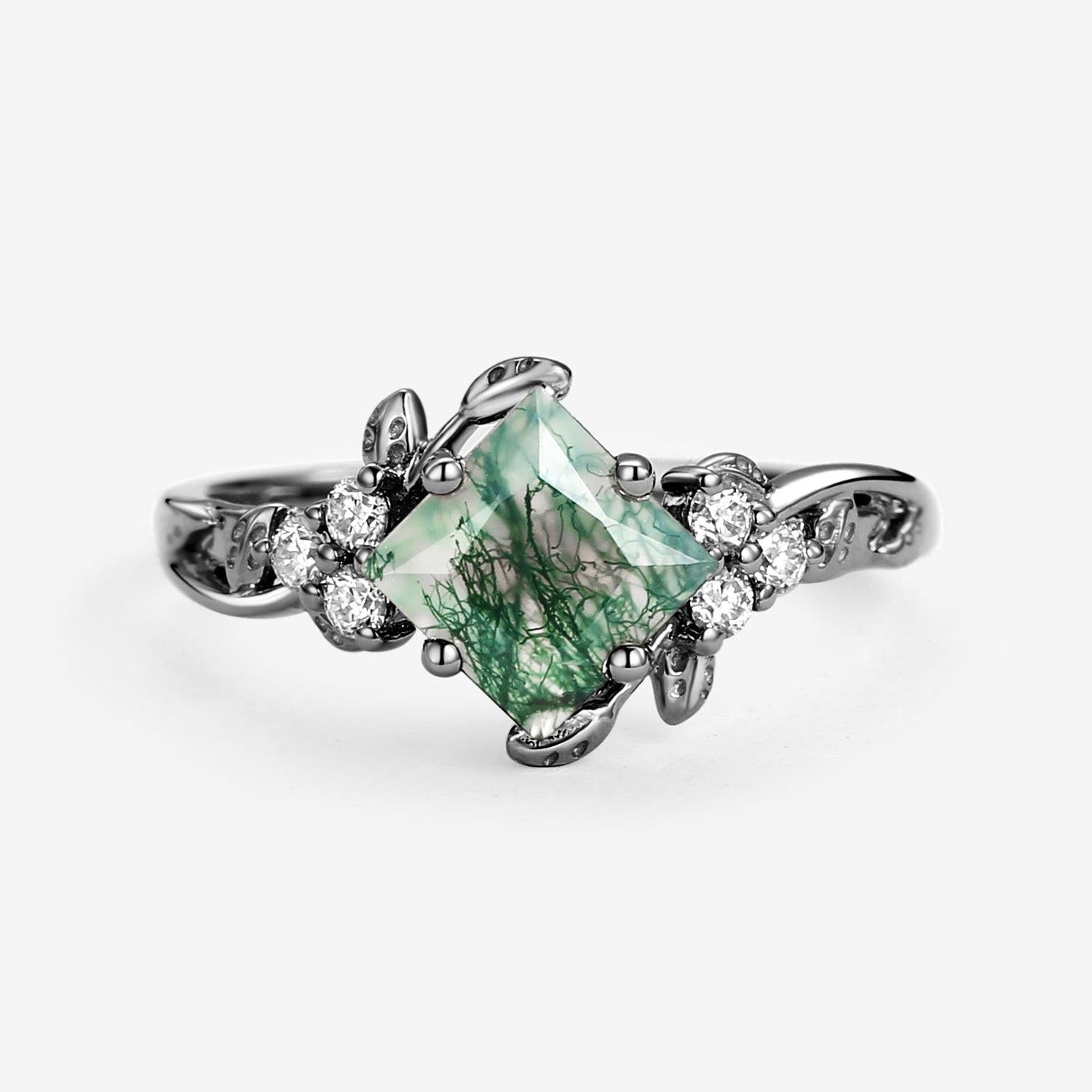 Black Gold Green Leafy Princess Cut Moss Agate Engagement Ring.
