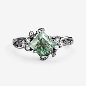 Black Gold Green Leafy Princess Cut Moss Agate Engagement Ring.