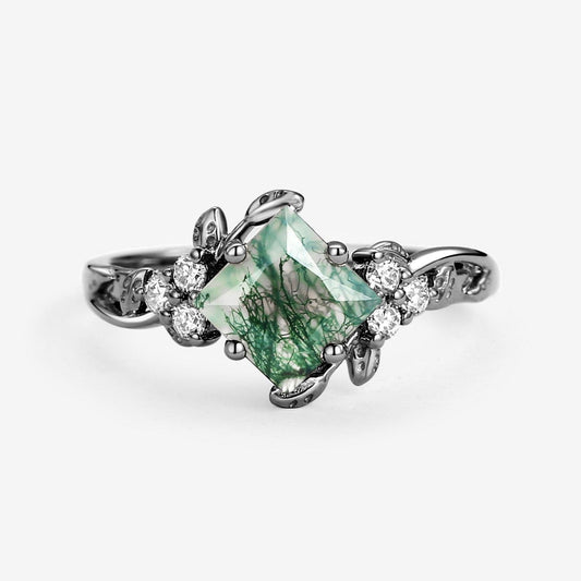 Black Gold Green Leafy Princess Cut Moss Agate Engagement Ring.