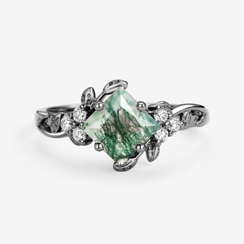 Black Gold Green Leafy Princess Cut Moss Agate Engagement Ring.