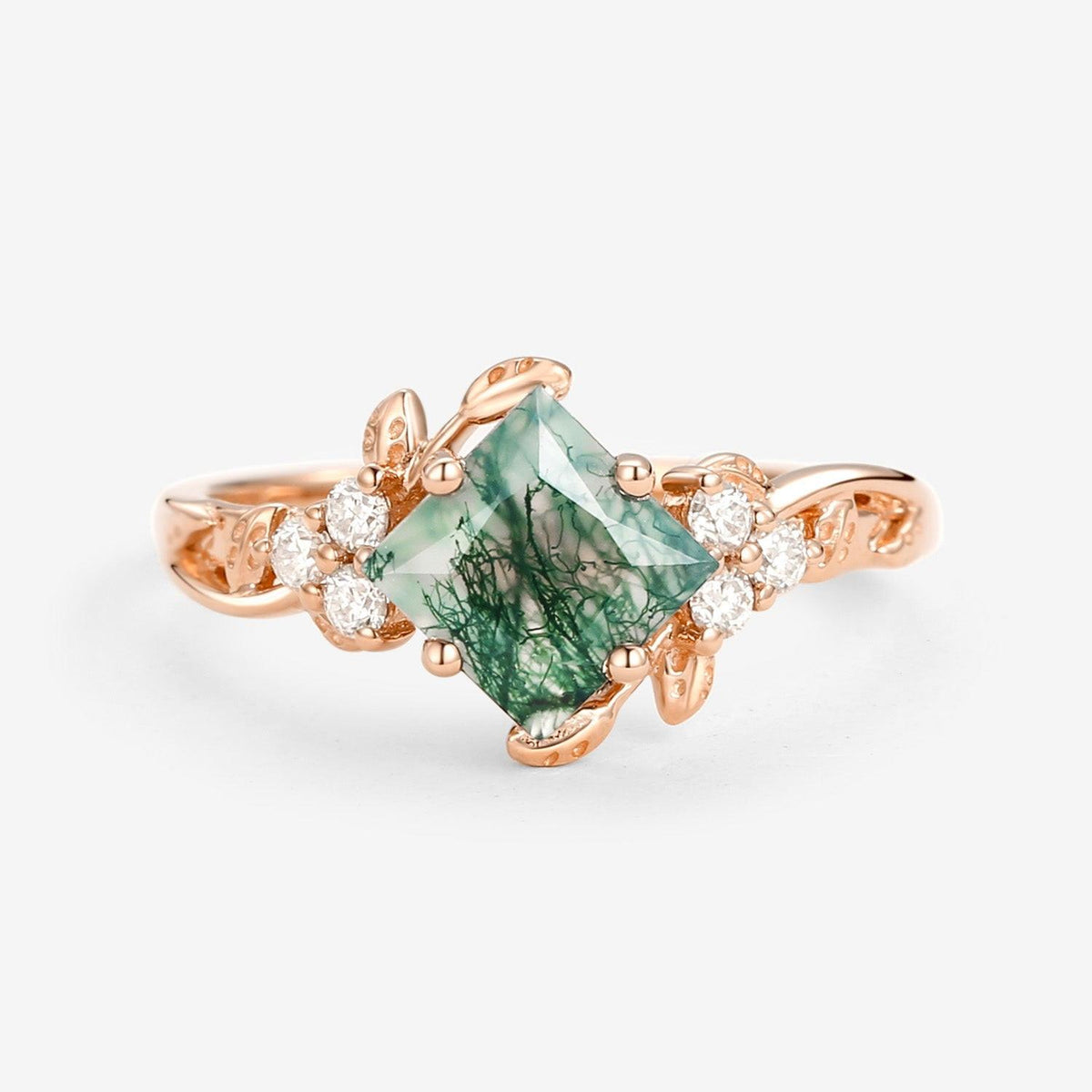 Black Gold Green Leafy Princess Cut Moss Agate Engagement Ring.