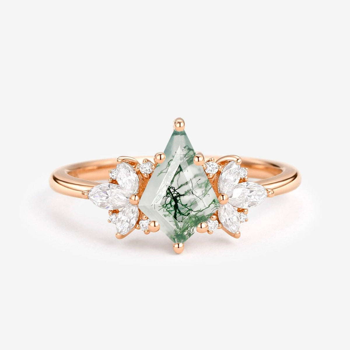 Morpho Unique Rose Gold Moss Agate Kite Cut Engagement Ring.