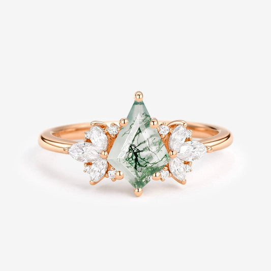 Morpho Unique Rose Gold Moss Agate Kite Cut Engagement Ring.