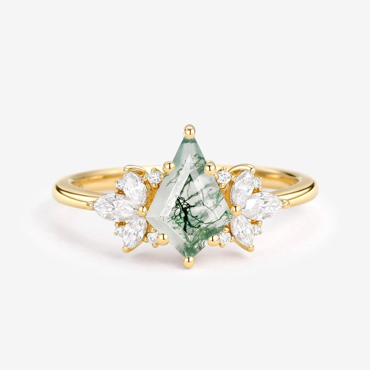 Morpho Unique Rose Gold Moss Agate Kite Cut Engagement Ring.