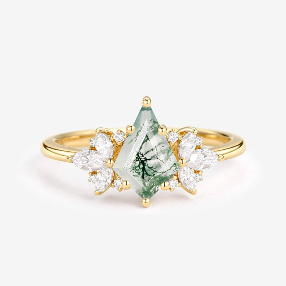 Morpho Unique Rose Gold Moss Agate Kite Cut Engagement Ring.