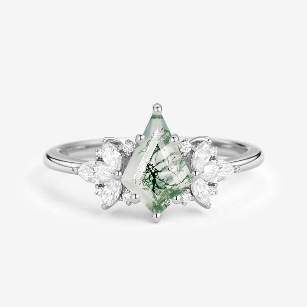 Morpho Unique Rose Gold Moss Agate Kite Cut Engagement Ring.