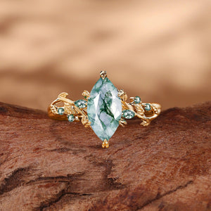 Celandine’s Twine | Marquise Moss Agate Leafy Twist Engagement Ring.