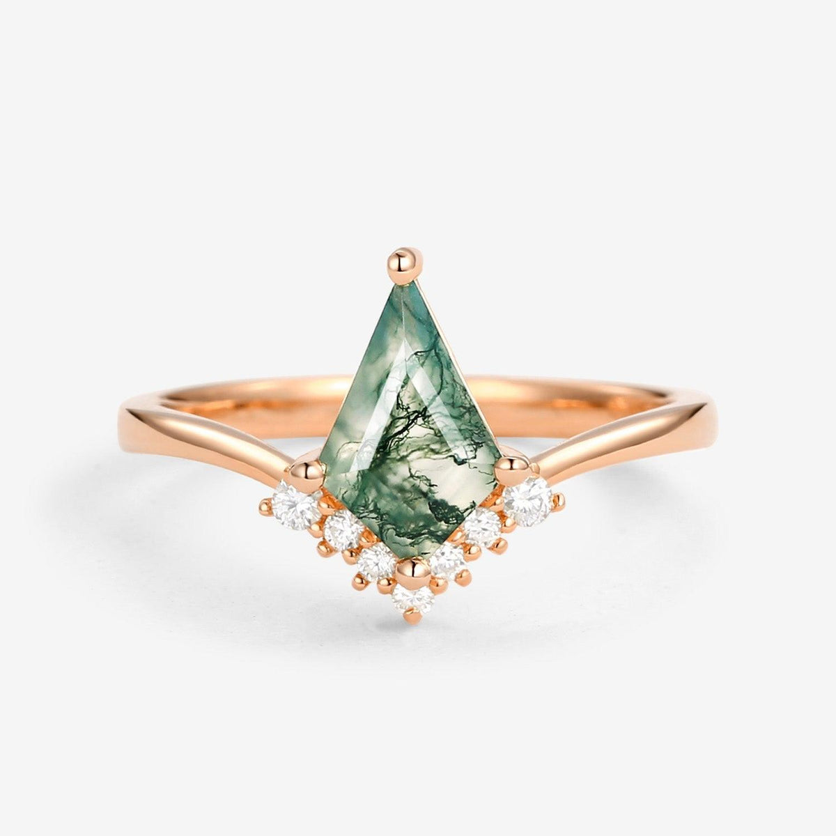 Nimbus Unique Moss Agate Kite Cut Classic Engagement Ring.