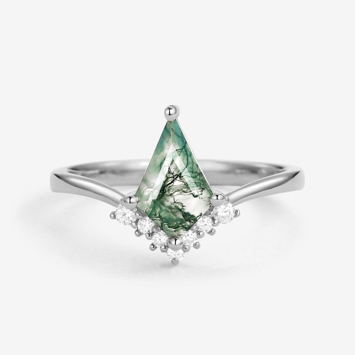Nimbus Unique Moss Agate Kite Cut Classic Engagement Ring.