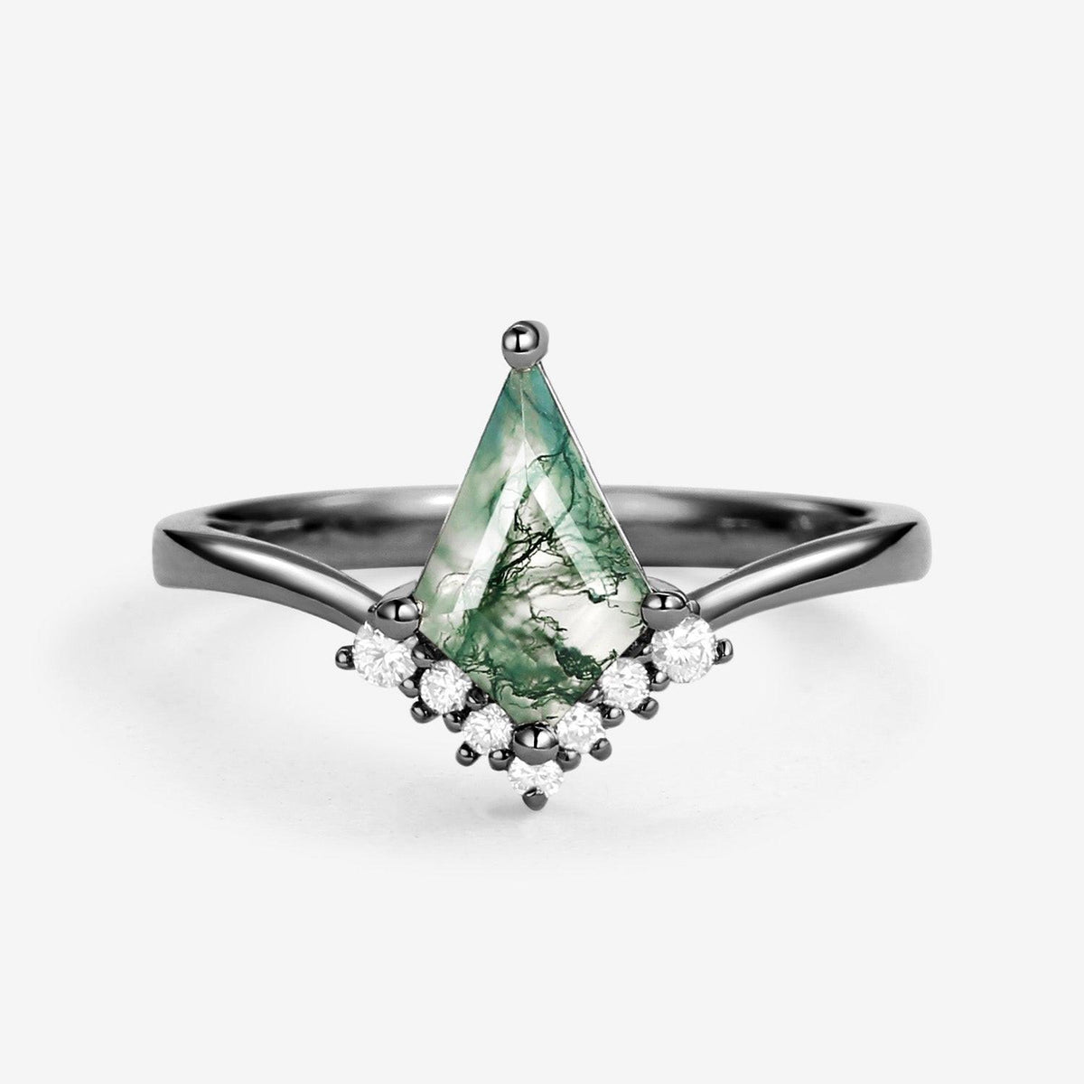 Nimbus Unique Moss Agate Kite Cut Classic Engagement Ring.