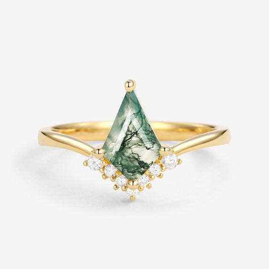Nimbus Unique Moss Agate Kite Cut Classic Engagement Ring.