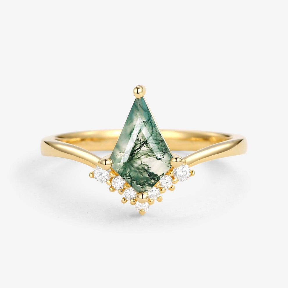 Nimbus Unique Moss Agate Kite Cut Classic Engagement Ring.