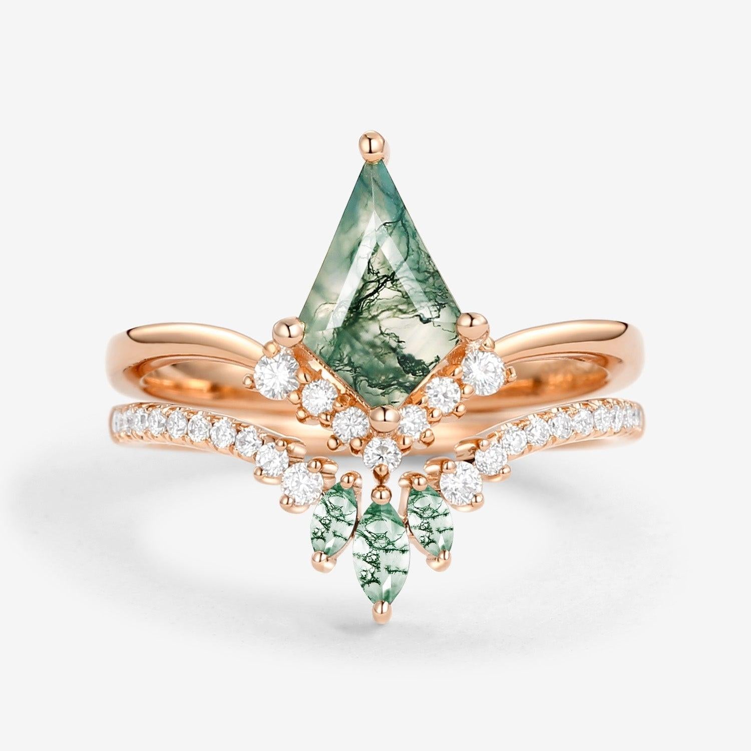Aero Kite Cut Moss Agate Classic Engagement Bridal Set 2pcs.