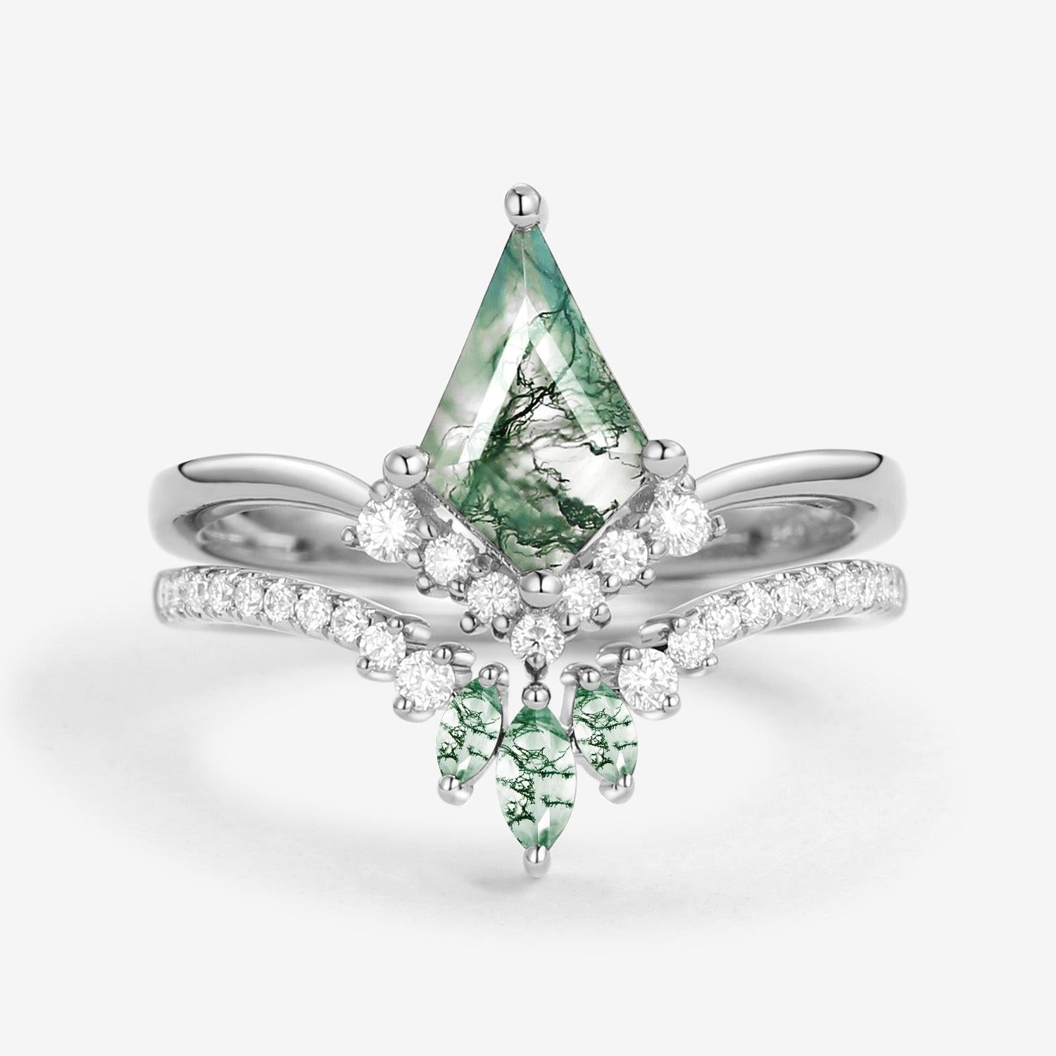 Aero Kite Cut Moss Agate Classic Engagement Bridal Set 2pcs.