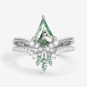 Aero Kite Cut Moss Agate Classic Engagement Bridal Set 2pcs.
